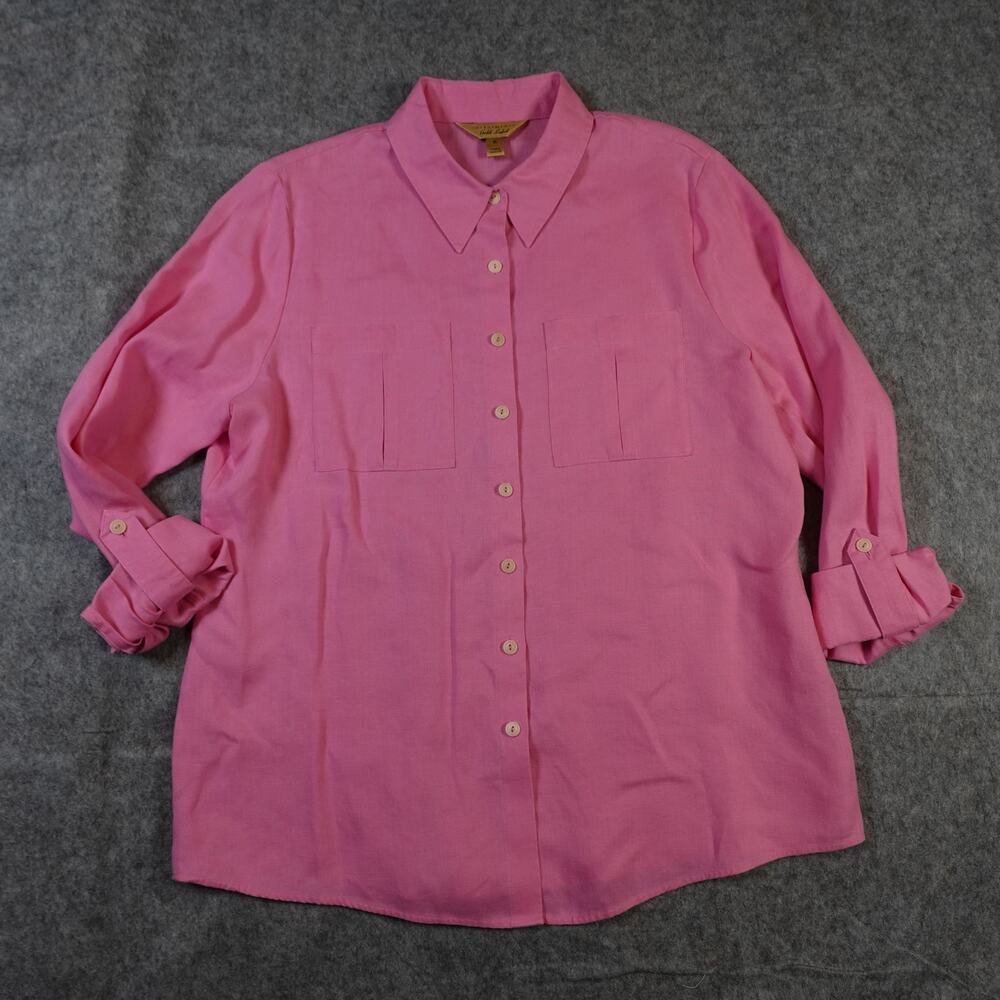 Investments Top Womens 16 Hemp Gold Label Button Front Roll Tab Sleeve Pink